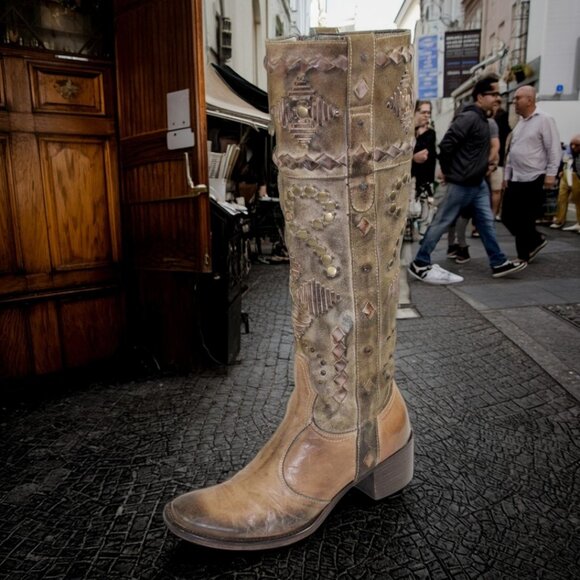 Mark Nason Shoes - Mark Nason Lovell Vintage Tan Washed Leather Studded Boots, Size 5.5